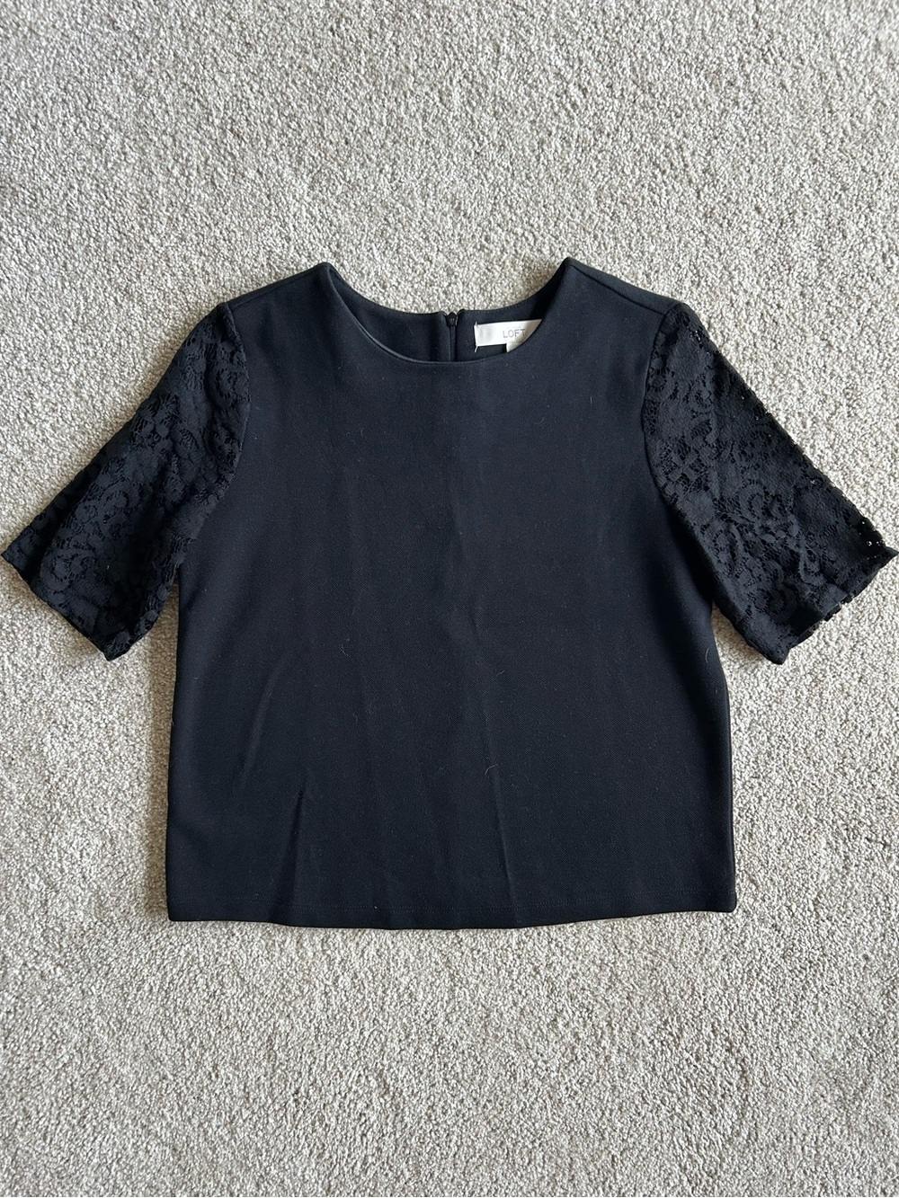 LOFT Black Short Sleeve Lace-Trim Top